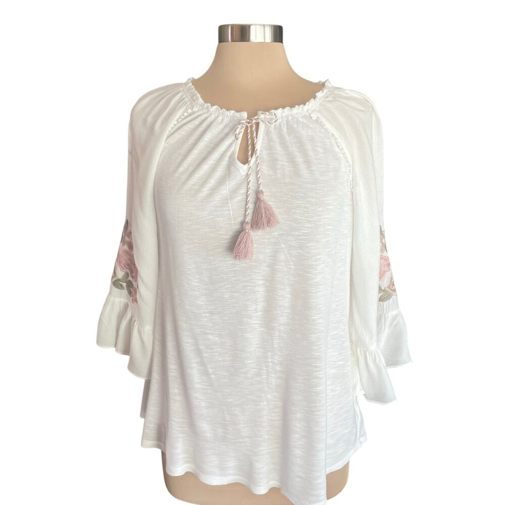 Vintage America Blues Knit Boho Top Sz S Floral Embroidery Bell Sleeve‎ Romantic